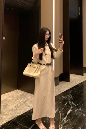 French Vintage Long Sleeve Dress for Women - Autumn Coffee Denim, Elegant Waist-Defined Workwear, Chic Lazy Style Long Skirt