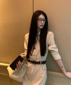 French Vintage Long Sleeve Dress for Women - Autumn Coffee Denim, Elegant Waist-Defined Workwear, Chic Lazy Style Long Skirt