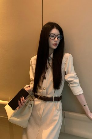 French Vintage Long Sleeve Dress for Women - Autumn Coffee Denim, Elegant Waist-Defined Workwear, Chic Lazy Style Long Skirt