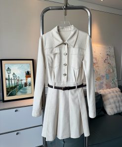 French Vintage Long Sleeve Dress for Women - Autumn Coffee Denim, Elegant Waist-Defined Workwear, Chic Lazy Style Long Skirt