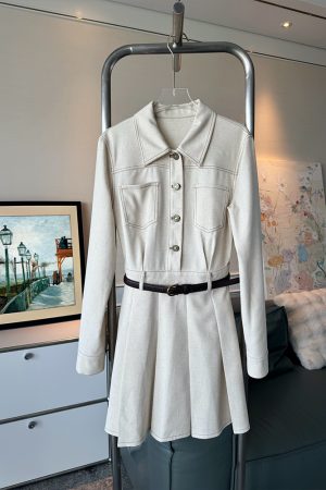 French Vintage Long Sleeve Dress for Women - Autumn Coffee Denim, Elegant Waist-Defined Workwear, Chic Lazy Style Long Skirt