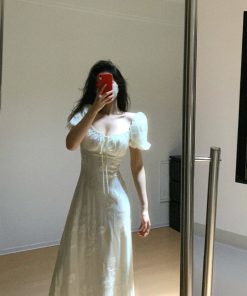 French Vintage One-Shoulder Embroidered Dress for Women â€“ Elegant Waist-Cinching Long Dress in Gentle Style for Summer Events