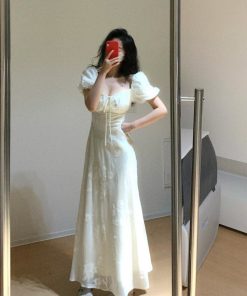 French Vintage One-Shoulder Embroidered Dress for Women â€“ Elegant Waist-Cinching Long Dress in Gentle Style for Summer Events