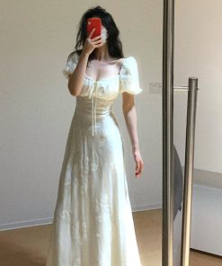 French Vintage One-Shoulder Embroidered Dress for Women â€“ Elegant Waist-Cinching Long Dress in Gentle Style for Summer Events