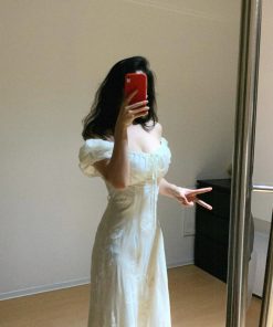 French Vintage One-Shoulder Embroidered Dress for Women â€“ Elegant Waist-Cinching Long Dress in Gentle Style for Summer Events