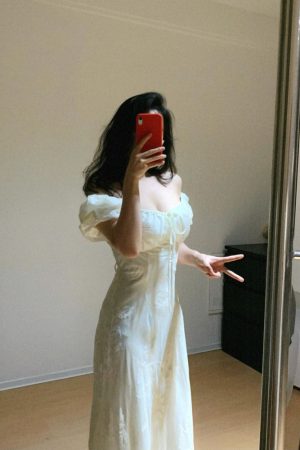 French Vintage One-Shoulder Embroidered Dress for Women â€“ Elegant Waist-Cinching Long Dress in Gentle Style for Summer Events