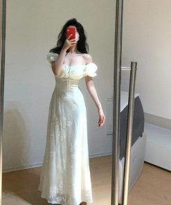 French Vintage One-Shoulder Embroidered Dress for Women â€“ Elegant Waist-Cinching Long Dress in Gentle Style for Summer Events