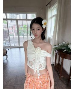 French Vintage One-Shoulder Hollow Lace Patchwork Floral Camisole Top - Sweet and Spicy Women's Fashion
