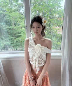 French Vintage One-Shoulder Hollow Lace Patchwork Floral Camisole Top - Sweet and Spicy Women's Fashion