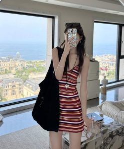 French Vintage Red Striped Backless Camisole Dress for Women - Waist-Cinching, Stylish Summer Mini Dress