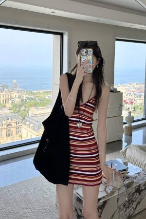 French Vintage Red Striped Backless Camisole Dress for Women - Waist-Cinching, Stylish Summer Mini Dress