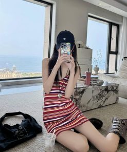French Vintage Red Striped Backless Camisole Dress for Women - Waist-Cinching, Stylish Summer Mini Dress