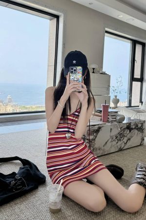 French Vintage Red Striped Backless Camisole Dress for Women - Waist-Cinching, Stylish Summer Mini Dress
