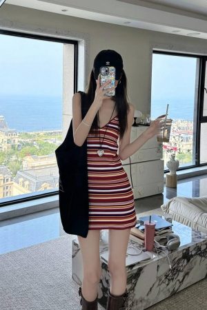 French Vintage Red Striped Backless Camisole Dress for Women - Waist-Cinching, Stylish Summer Mini Dress