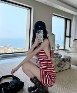 French Vintage Red Striped Backless Camisole Dress for Women - Waist-Cinching, Stylish Summer Mini Dress