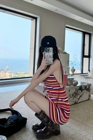 French Vintage Red Striped Backless Camisole Dress for Women - Waist-Cinching, Stylish Summer Mini Dress