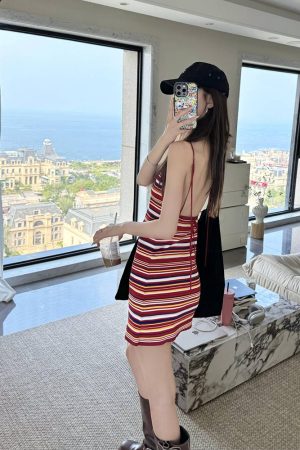 French Vintage Red Striped Backless Camisole Dress for Women - Waist-Cinching, Stylish Summer Mini Dress