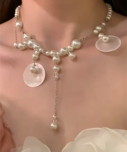 French Vintage Shell Pearl Tassel Necklace for Women - Elegant Beach Vacation Clavicle Chain Accessory