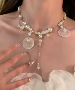 French Vintage Shell Pearl Tassel Necklace for Women - Elegant Beach Vacation Clavicle Chain Accessory