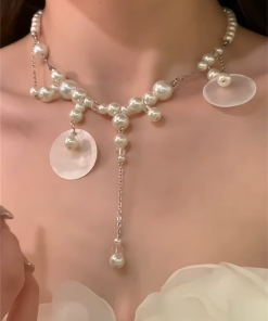 French Vintage Shell Pearl Tassel Necklace for Women - Elegant Beach Vacation Clavicle Chain Accessory