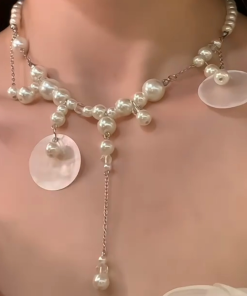 French Vintage Shell Pearl Tassel Necklace for Women - Elegant Beach Vacation Clavicle Chain Accessory