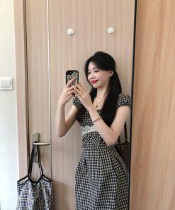 French Vintage Square Neck Plaid Dress for Women with Fitted Waist and Lace Splicing - New Summer 2025 Style