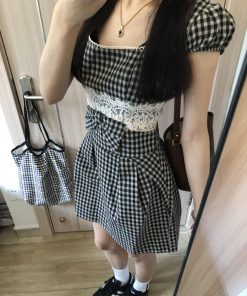 French Vintage Square Neck Plaid Dress for Women with Fitted Waist and Lace Splicing - New Summer 2025 Style