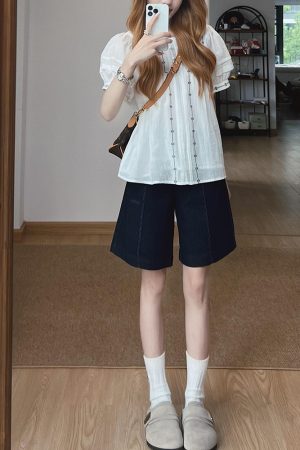 French Vintage Style White Embroidered Shirt for Women, Loose Short-Sleeve Blouse, Unique Design, Summer Fashion Essential