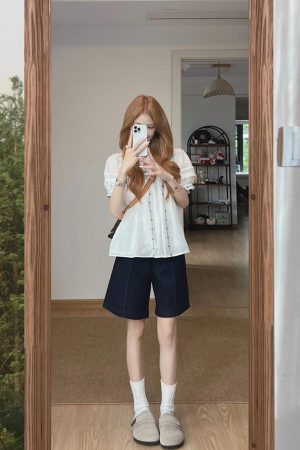 French Vintage Style White Embroidered Shirt for Women, Loose Short-Sleeve Blouse, Unique Design, Summer Fashion Essential