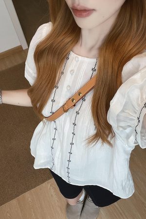 French Vintage Style White Embroidered Shirt for Women, Loose Short-Sleeve Blouse, Unique Design, Summer Fashion Essential