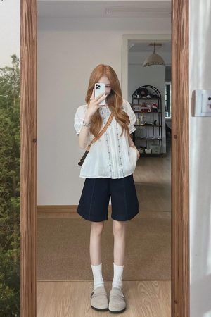 French Vintage Style White Embroidered Shirt for Women, Loose Short-Sleeve Blouse, Unique Design, Summer Fashion Essential