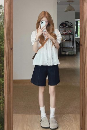 French Vintage Style White Embroidered Shirt for Women, Loose Short-Sleeve Blouse, Unique Design, Summer Fashion Essential