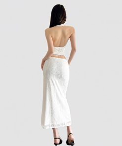 French Vintage White V-Neck Halter Backless Top with Sexy Split Lace Skirt Set - Chic Y2K Style Ensemble