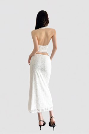 French Vintage White V-Neck Halter Backless Top with Sexy Split Lace Skirt Set - Chic Y2K Style Ensemble