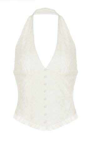 French Vintage White V-Neck Halter Backless Top with Sexy Split Lace Skirt Set - Chic Y2K Style Ensemble