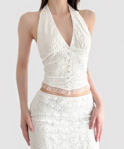 French Vintage White V-Neck Halter Backless Top with Sexy Split Lace Skirt Set - Chic Y2K Style Ensemble
