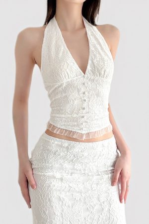 French Vintage White V-Neck Halter Backless Top with Sexy Split Lace Skirt Set - Chic Y2K Style Ensemble