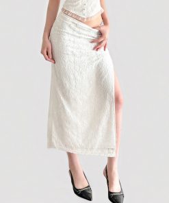 French Vintage White V-Neck Halter Backless Top with Sexy Split Lace Skirt Set - Chic Y2K Style Ensemble
