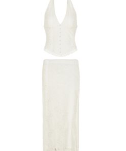 French Vintage White V-Neck Halter Backless Top with Sexy Split Lace Skirt Set - Chic Y2K Style Ensemble
