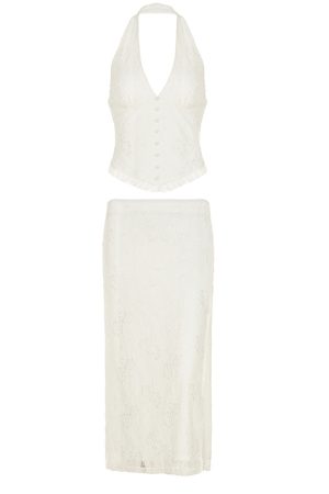 French Vintage White V-Neck Halter Backless Top with Sexy Split Lace Skirt Set - Chic Y2K Style Ensemble