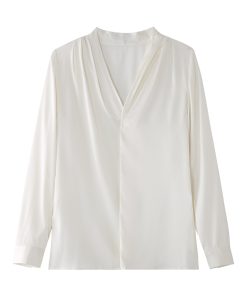 French Vintage Women's Long Sleeve V-Neck Top - Thin Spring Autumn Shirt for Commuting & Professional Casual Style