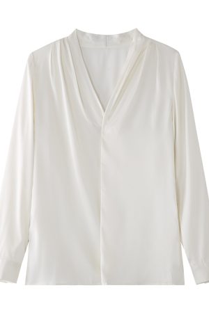 French Vintage Women's Long Sleeve V-Neck Top - Thin Spring Autumn Shirt for Commuting & Professional Casual Style