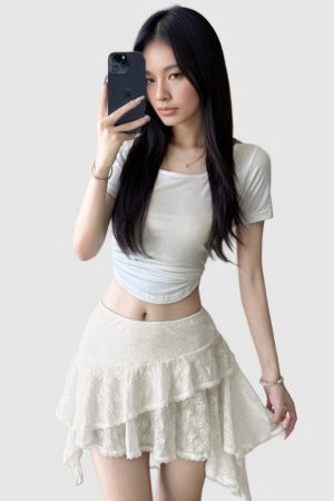 French White Lace Irregular Ruffle Hem Mini Skirt - Sexy Slim Low Waist A-Line Design for a Chic Y2K Look