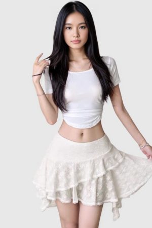 French White Lace Irregular Ruffle Hem Mini Skirt - Sexy Slim Low Waist A-Line Design for a Chic Y2K Look