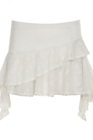 French White Lace Irregular Ruffle Hem Mini Skirt - Sexy Slim Low Waist A-Line Design for a Chic Y2K Look