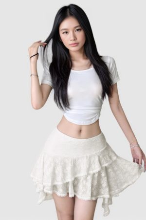 French White Lace Irregular Ruffle Hem Mini Skirt - Sexy Slim Low Waist A-Line Design for a Chic Y2K Look