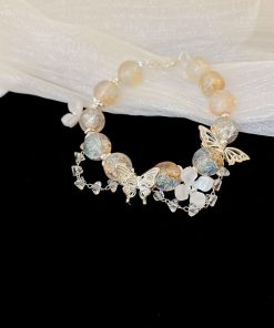 Fresh Floral Butterfly Glass Bead Bracelet - Chic 2025 Design, Versatile High-End Accessory for Elegant Style