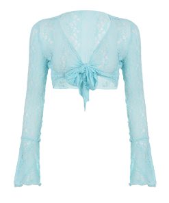 Fresh Sea Salt Blue Lace Spliced Sheer Cover-Up Tie Ultra-Short Cardigan Top for Vacation, Y2K Vibe, Beachwear Essential