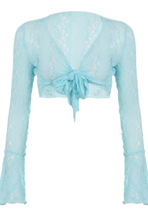 Fresh Sea Salt Blue Lace Spliced Sheer Cover-Up Tie Ultra-Short Cardigan Top for Vacation, Y2K Vibe, Beachwear Essential