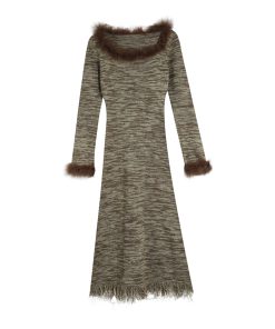Fringed Striped Long Sleeve Dress for Women - Waist-Cinching Elegant Knitted Sweater Dress for Autumn and Winter Fashion